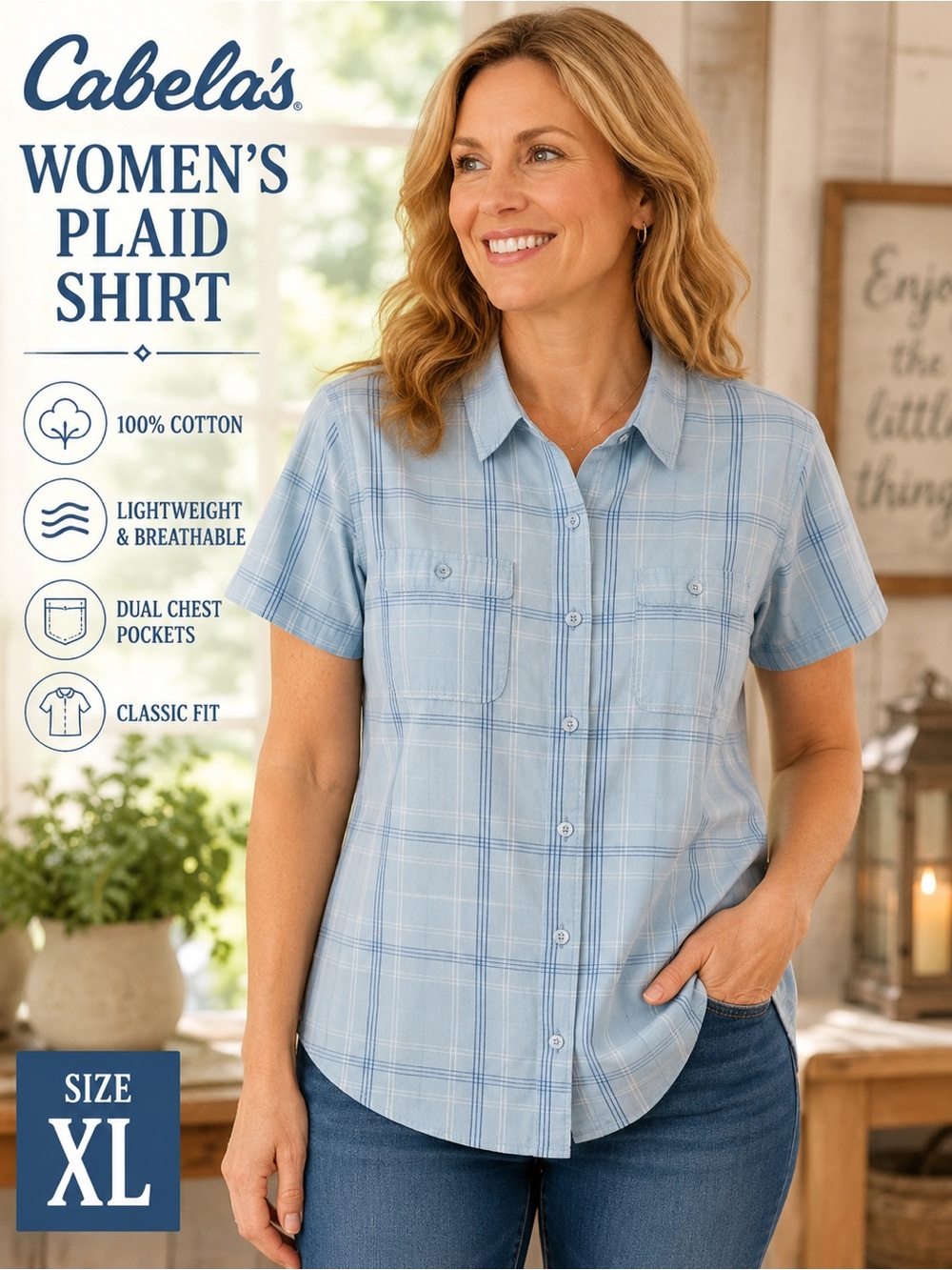 Cabela’s Women’s Plaid Button-Up Blouse | XL | Pale Blue, Navy, White Plaid